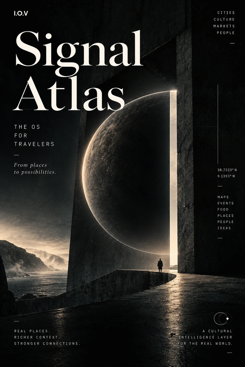 Founder-supplied cinematic signal atlas poster with monumental architecture and volcanic terrain.