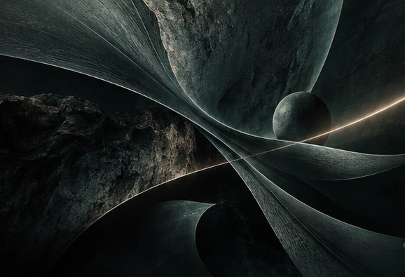 Abstract mineral forms held in alignment across a deep spatial field.