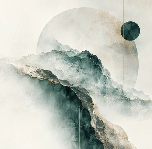 Abstract mineral forms held in alignment across a deep spatial field.