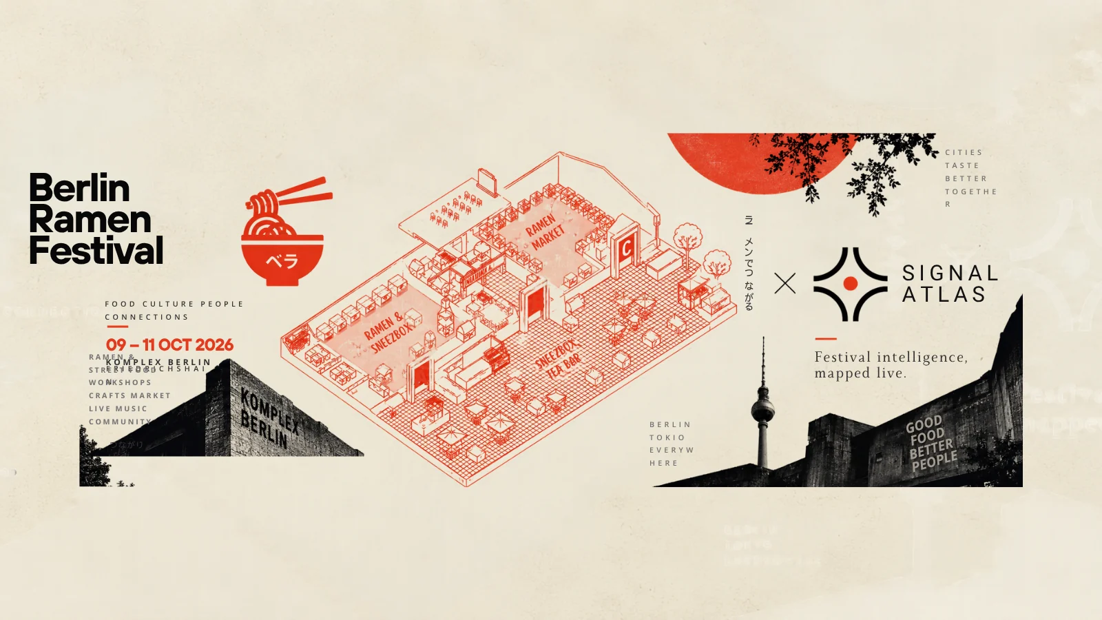 Berlin Ramen Festival × Signal Atlas graphic: an isometric red line drawing of the festival grounds at KOMPLEX Berlin, dated 09–11 Oct 2026, with the line “Festival intelligence, mapped live.”