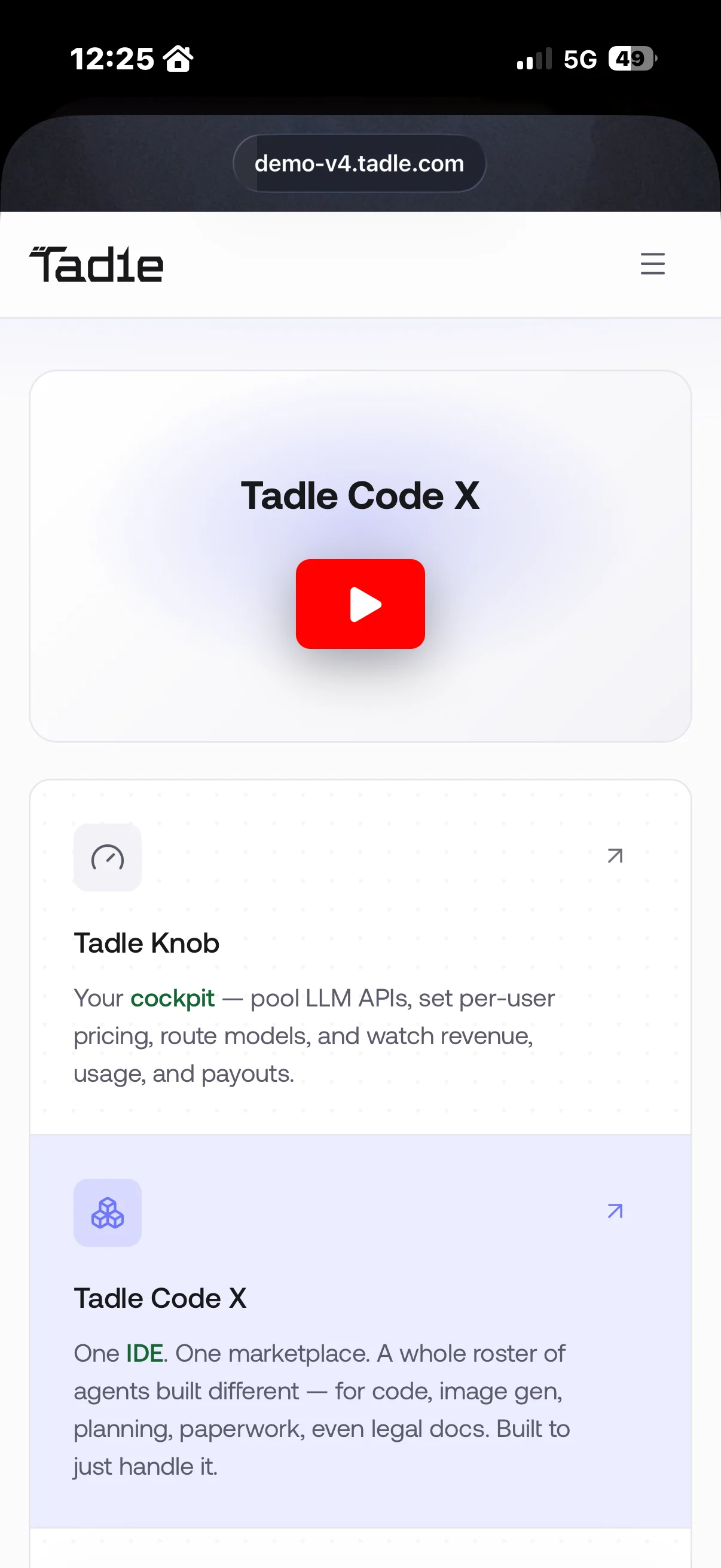 Founder-approved Tadle product capture showing the mobile product surface of the white-label AI product infrastructure.